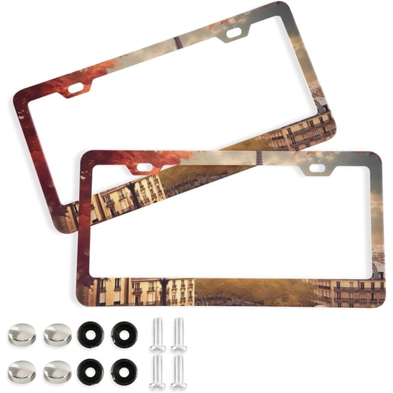 GZHJMY Autumn Eiffel Tower License Plate Frames 2 Pack Aluminum License Plate Holder Universal Car License Plate Covers with Screw Caps Decorative