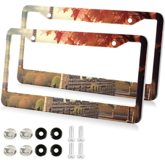 GZHJMY Autumn Eiffel Tower License Plate Frames 2 Pack Aluminum License Plate Holder Universal Car License Plate Covers with Screw Caps Decorative