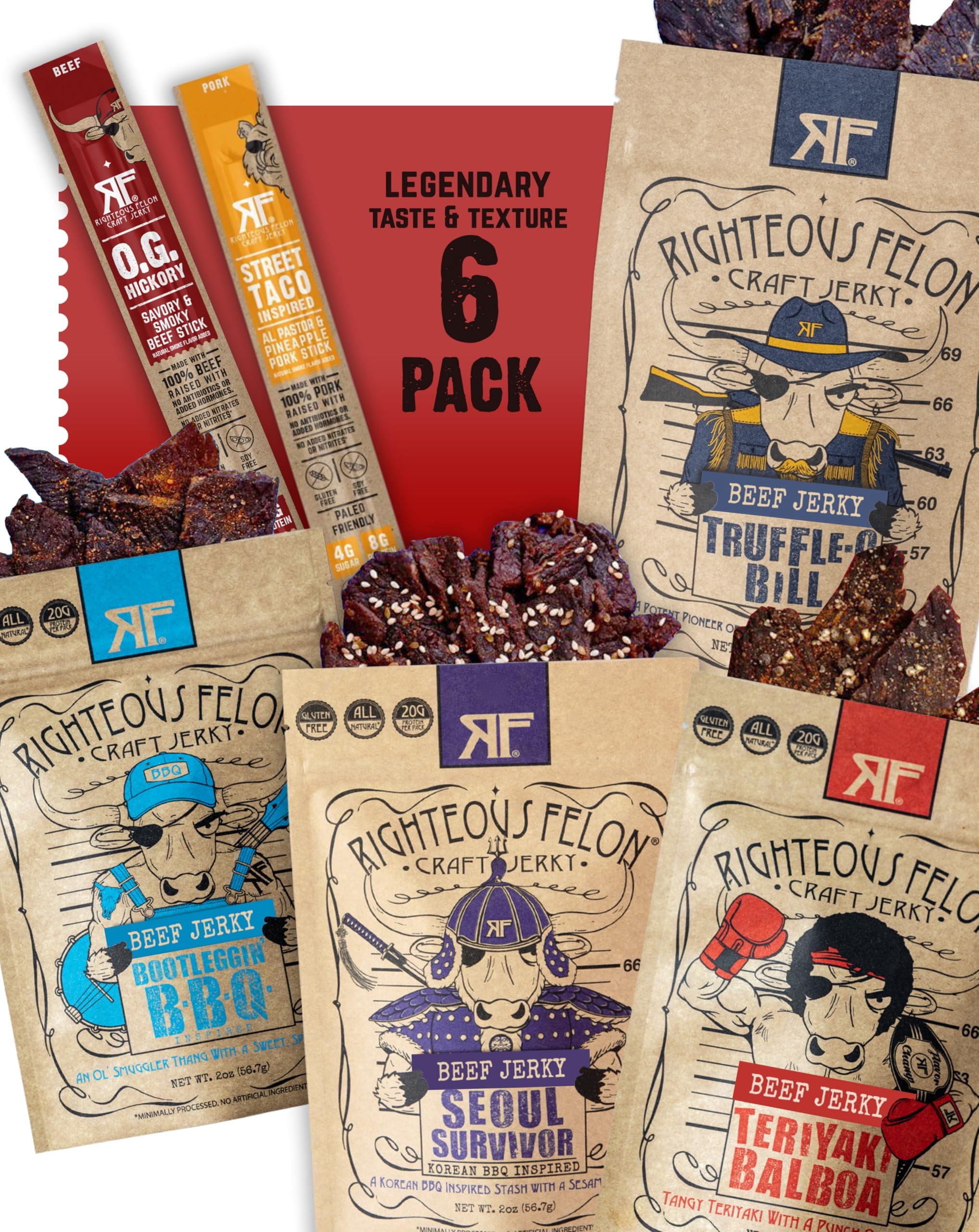 Righteous Beef Jerky Variety Pack Gift Basket - Great Gifts for Men - Gluten Free, High Protein Healthy Snack - Beef, Pork