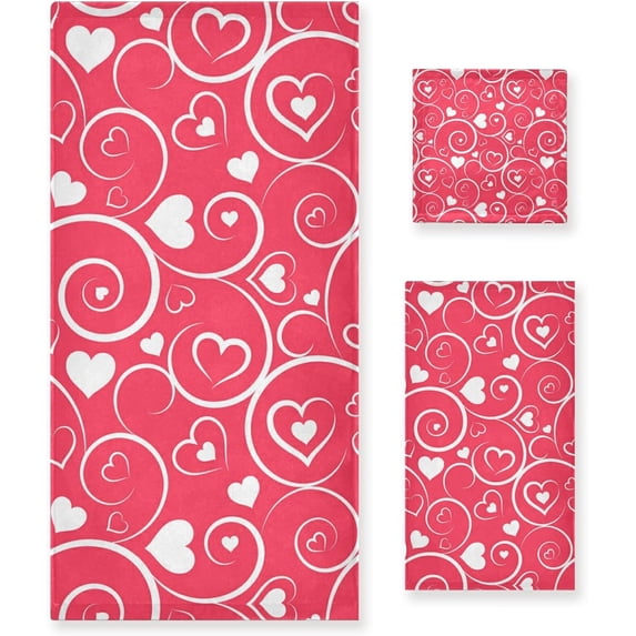 GZHJMY Bath Towel Sets for Bathroom Hand Towels Fingertip Towels Floral Pink Hearts and Swirls 3 Piece Decorative Soft Cotton Absorbent
