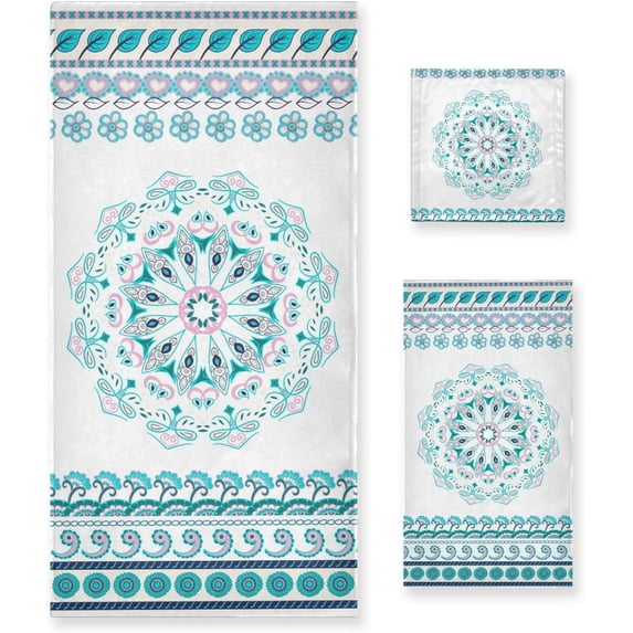 GZHJMY Bath Towel Sets for Bathroom Hand Towels Fingertip Towels Mandala Aqua 3 Piece Decorative Soft Cotton Absorbent