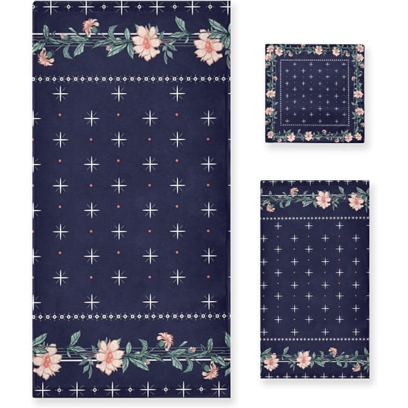 GZHJMY Bath Towel Sets for Bathroom Hand Towels Fingertip Towels Vintage Ethnic Navy Blue Floral 3 Piece Decorative Soft Cotton Absorbent