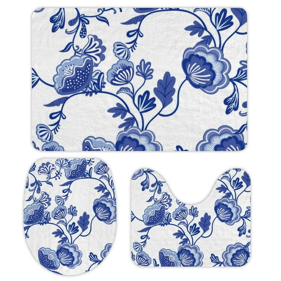 GZHJMY Bathroom Mat set of 3, Blue Flowers 3 Pieces Bath Mats Set for Bathroom, Vintage Style Non-Slip Washable Cover Floor Rug Decorations for Kitchen Bathroom Bedroom