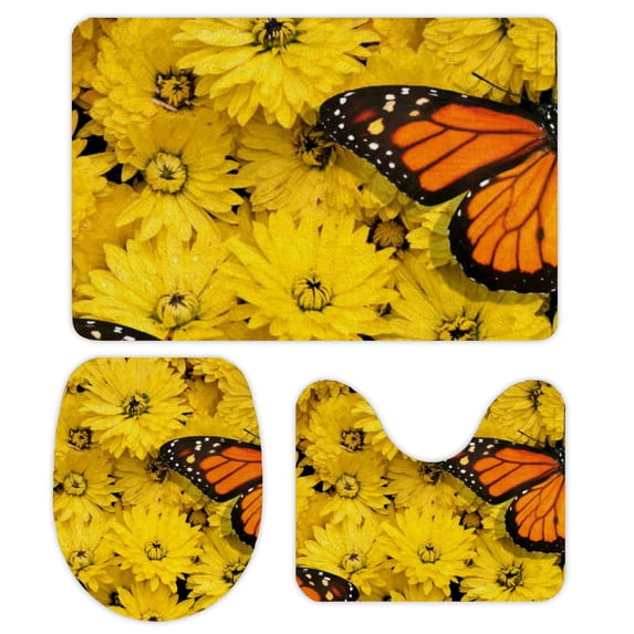 GZHJMY Bathroom Mat set of 3， Butterfly with Flowers 3 Pieces Bath Mats Set for Bathroom, Vintage Style Non-Slip Washable Cover Floor Rug Decorations for Kitchen Bathroom Bedroom