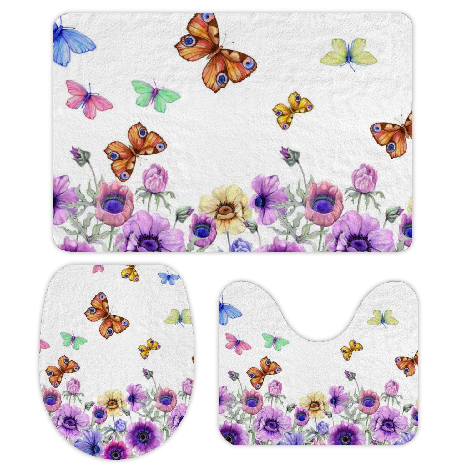 GZHJMY Bathroom Mat set of 3， Butterfly with Flowers 3 Pieces Bath Mats ...