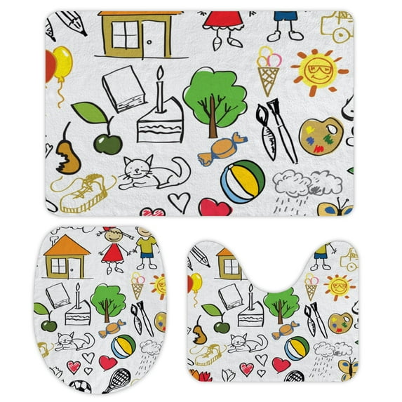 GZHJMY Bathroom Mat set of 3, Children's Drawing 3 Pieces Bath Mats Set for Bathroom, Vintage Style Non-Slip Washable Cover Floor Rug Decorations for Kitchen Bathroom Bedroom