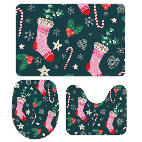 GZHJMY Bathroom Mat set of 3, Christmas Background 3 Pieces Bath Mats Set for Bathroom, Vintage Style Non-Slip Washable Cover Floor Rug Decorations for Kitchen Bathroom Bedroom