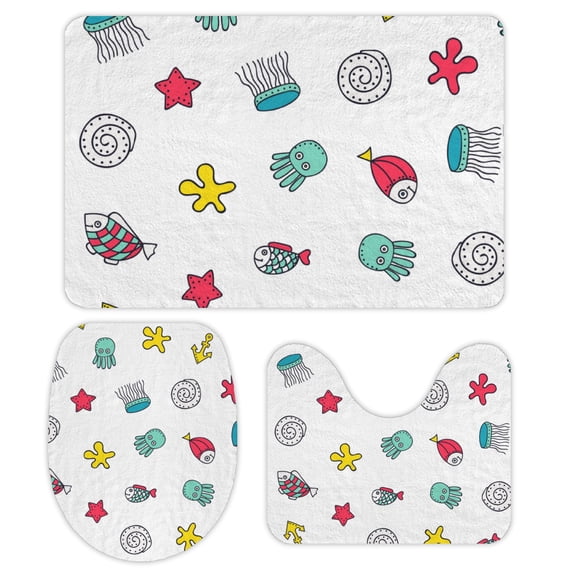 GZHJMY Bathroom Mat set of 3, Cute Sea Elements 3 Pieces Bath Mats Set for Bathroom, Vintage Style Non-Slip Washable Cover Floor Rug Decorations for Kitchen Bathroom Bedroom