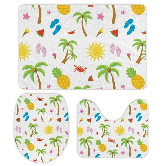 GZHJMY Bathroom Mat set of 3， Cute Summer Beach Crab Coconut Tree Season Seamless 3 Pieces Bath Mats Set for Bathroom, Vintage Style Non-Slip Washable Cover Floor Rug Decorations for Bathroom