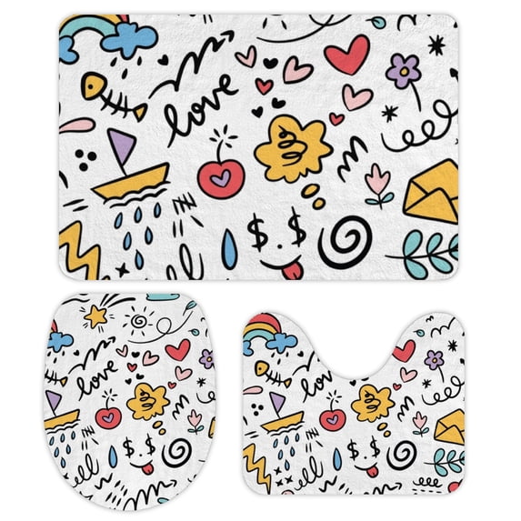 GZHJMY Bathroom Mat set of 3, Hand Drawn Scribble Doodle Set Pattern 3 Pieces Bath Mats Set for Bathroom, Vintage Style Non-Slip Washable Cover Floor Rug Decorations for Kitchen Bathroom Bedroom