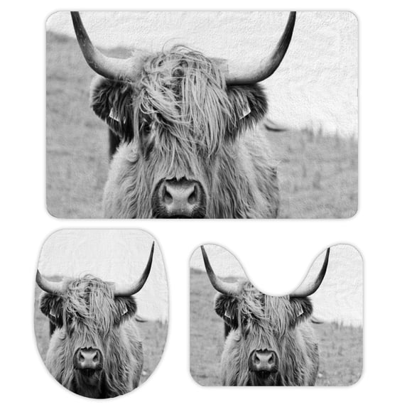 GZHJMY Bathroom Mat set of 3， Highland Cattle Closeup 3 Pieces Bath Mats Set for Bathroom, Vintage Style Non-Slip Washable Cover Floor Rug Decorations for Kitchen Bathroom Bedroom
