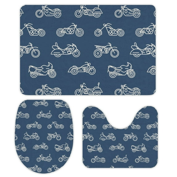 GZHJMY Bathroom Mat set of 3, Monochrome Seamless Pattern with Motorcycles 3 Pieces Bath Mats Set for Bathroom, Vintage Style Non-Slip Washable Cover Floor Rug Decorations for Kitchen Bathroom Bedroom