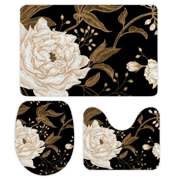 GZHJMY Bathroom Mat set of 3, Peonies and Roses 3 Pieces Bath Mats Set for Bathroom, Vintage Style Non-Slip Washable Cover Floor Rug Decorations for Kitchen Bathroom Bedroom
