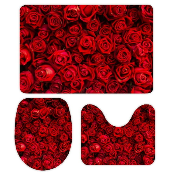 GZHJMY Bathroom Mat set of 3, Red Natural Roses Background 3 Pieces Bath Mats Set for Bathroom, Vintage Style Non-Slip Washable Cover Floor Rug Decorations for Kitchen Bathroom Bedroom