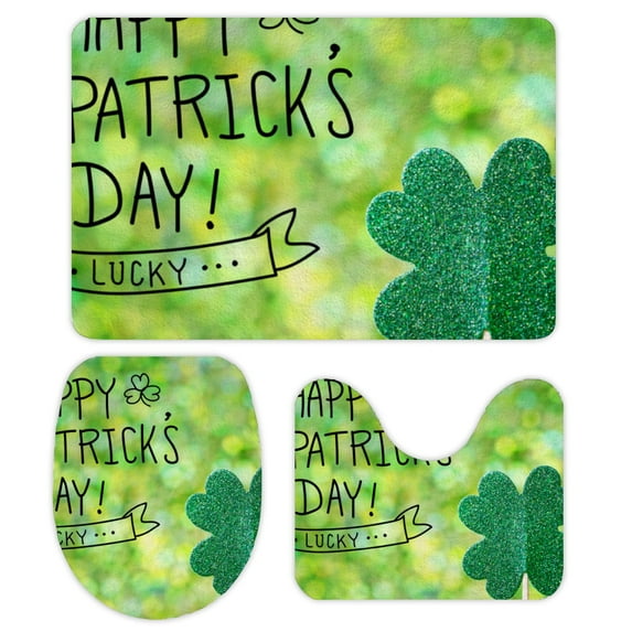 GZHJMY Bathroom Mat set of 3, Saint Patricks Day Shiny Green Clover Ornament 3 Pieces Bath Mats Set for Bathroom, Vintage Style Non-Slip Washable Cover Floor Rug Decorations for Bathroom