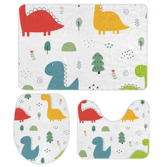 GZHJMY Bathroom Mat set of 3, Seamless Pattern Dinosaur and Tree 3 Pieces Bath Mats Set for Bathroom, Vintage Style Non-Slip Washable Cover Floor Rug Decorations for Kitchen Bathroom Bedroom