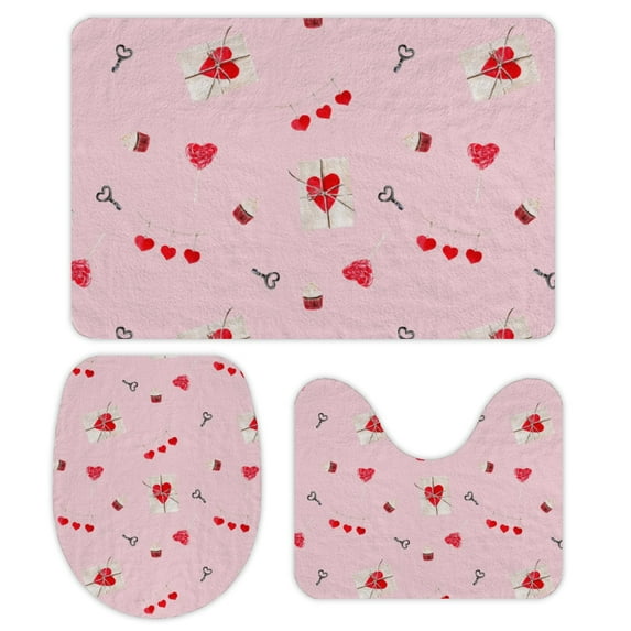 GZHJMY Bathroom Mat set of 3, Valentines Watercolor Seamless Pattern 3 Pieces Bath Mats Set for Bathroom, Vintage Style Non-Slip Washable Cover Floor Rug Decorations for Kitchen Bathroom Bedroom