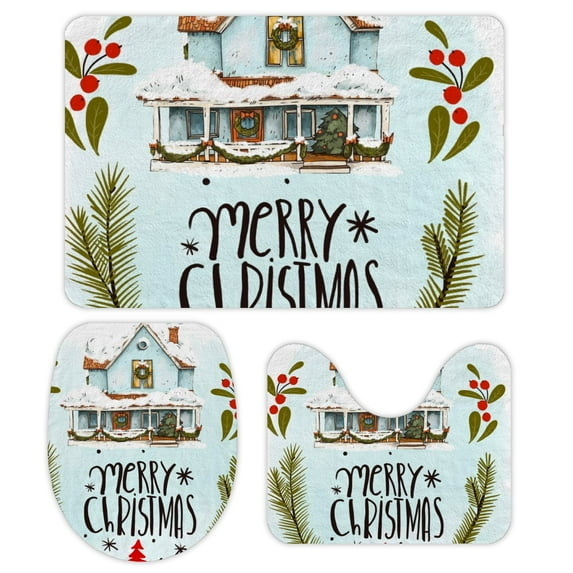 GZHJMY Bathroom Mat set of 3, Vintage Merry Christmas 3 Pieces Bath Mats Set for Bathroom, Vintage Style Non-Slip Washable Cover Floor Rug Decorations for Kitchen Bathroom Bedroom