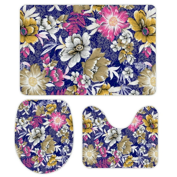 GZHJMY Bathroom Mat set of 3， Watercolor Flowers Fabric Pattern on navy 3 Pieces Bath Mats Set for Bathroom, Vintage Style Non-Slip Washable Cover Floor Rug Decorations for Kitchen Bathroom Bedroom