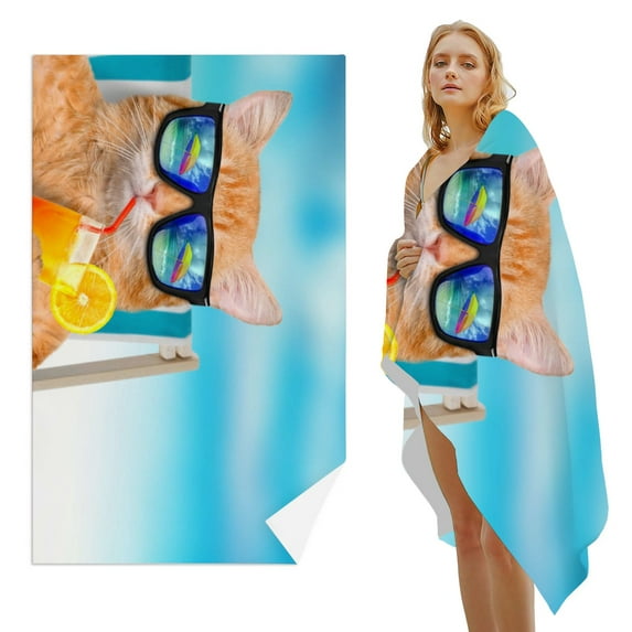 GZHJMY Beach Towel for Women Girls, Cat Wearing Sunglasses Bath Towel, Oversized Lightweight Sport Towel, 31x63 Inch