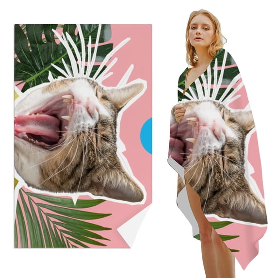 GZHJMY Beach Towel for Women Girls, Cat and Palm Leaf Collage Bath Towel, Oversized Lightweight Sport Towel, 31x71 Inch