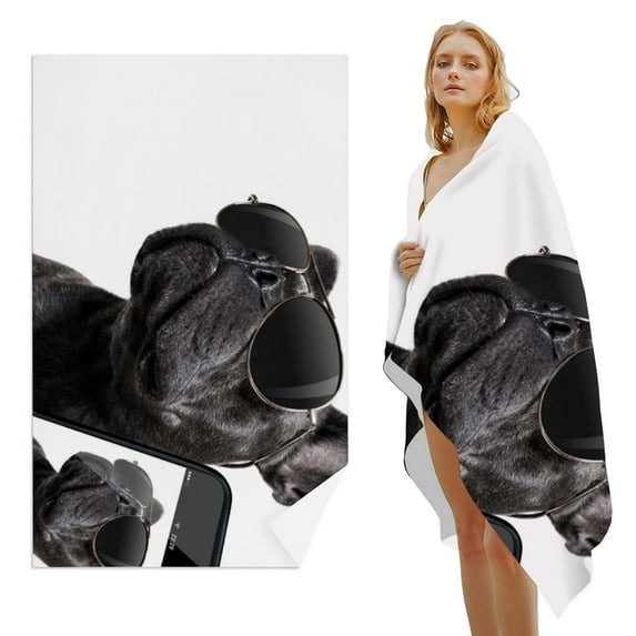 GZHJMY Beach Towel for Women Girls, Cool Trendy Posing French Bulldog with Sunglasses Bath Towel, Oversized Lightweight Sport Towel, 31x63 Inch