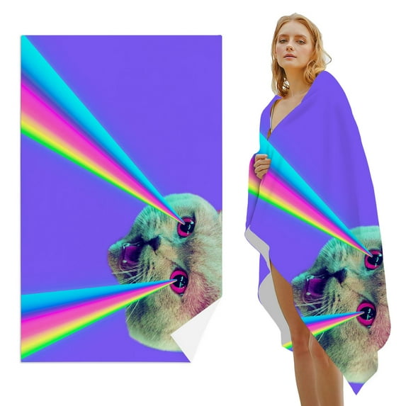 GZHJMY Beach Towel for Women Girls, Evil Cat with Rainbow Lasers From Eyes Bath Towel, Oversized Lightweight Sport Towel, 31x51 Inch