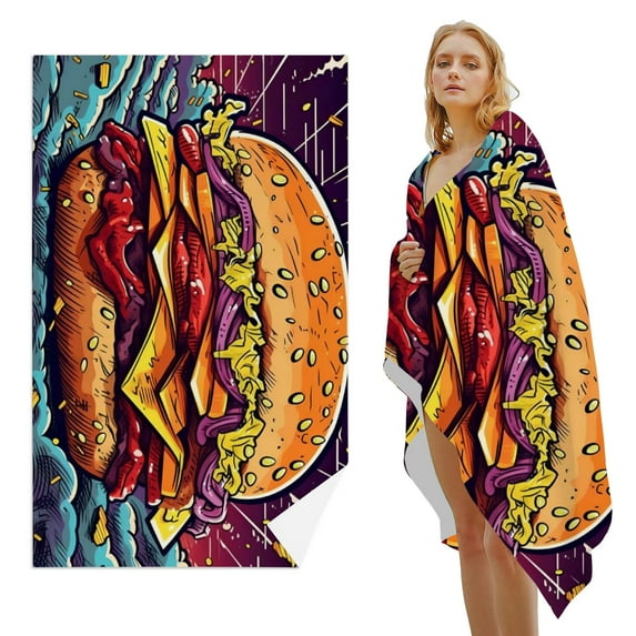 GZHJMY Beach Towel for Women Girls, Mouthwatering Burger Creations Pop Art Style Bath Towel, Oversized Lightweight Sport Towel, 31x63 Inch