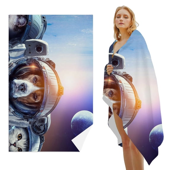 GZHJMY Beach Towel for Women Girls, Outer Space Cat Dog Astronaut Bath Towel, Oversized Lightweight Sport Towel, 31x63 Inch