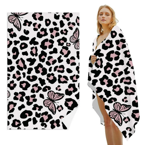 GZHJMY Beach Towel for Women Girls, Pink Butterfly Leopard Pattern Bath Towel, Oversized Lightweight Sport Towel, 31x51 Inch