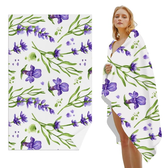 GZHJMY Beach Towel for Women Girls, Purple Flower Green Vine Bath Towel, Oversized Lightweight Sport Towel, 31x71 Inch