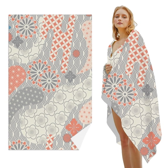 GZHJMY Beach Towel for Women Girls, Seamless Japanese Style Pattern Bath Towel, Oversized Lightweight Sport Towel, 31x51 Inch