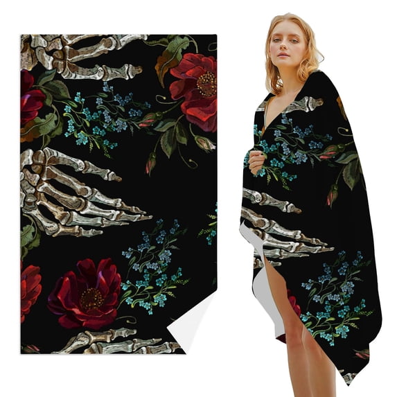 GZHJMY Beach Towel for Women Girls, Skeleton Hands and Red Roses Bath Towel, Oversized Lightweight Sport Towel, 31x51 Inch