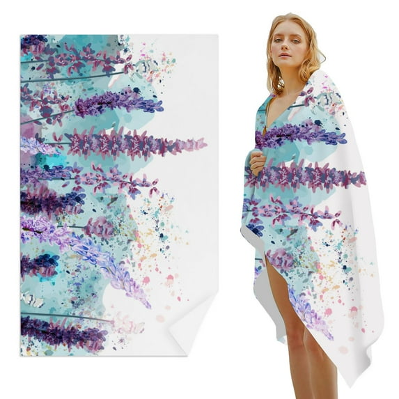 GZHJMY Beach Towel for Women Girls, Spring Lavender Flowers in Watercolor Style Bath Towel, Oversized Lightweight Sport Towel, 31x63 Inch