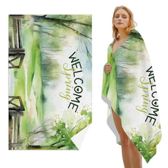 GZHJMY Beach Towel for Women Girls, Welcome Spring Watercolor Bath Towel, Oversized Lightweight Sport Towel, 31x51 Inch