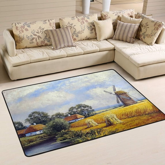 GZHJMY Beautiful Landscape Wheat Field Village Area Rug 4x6 Decorative Comfort Floor Carpet Nursery Rugs Non-Slip Rectangle Mat for Entryway Bedroom Decor Carpet Runner