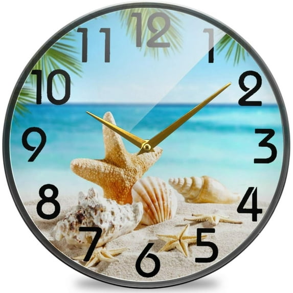 GZHJMY Beautiful Tropical Palm Beach Starfish Print Round Wall Clock, 9.5 Inch Silent Battery Operated Quartz Analog Quiet Desk Clock for Home,Office,School