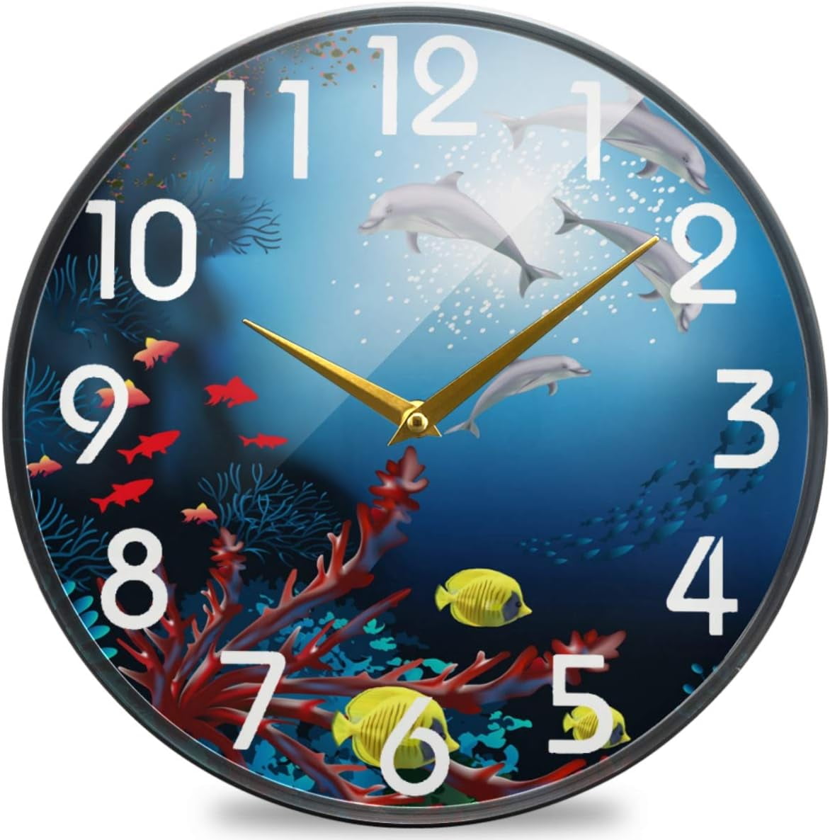 GZHJMY Beautiful Underwater Dolphins Fish Round Wall Clock, 9.5 Inch ...
