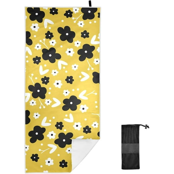 GZHJMY Black Flower Microfiber Quick Drying Beach Towel with a Carrying Bag Super Absorbent and Sand Free Towel for Kids Teens Adults Travel Gym Camping Pool Yoga Outdoor and Picnic