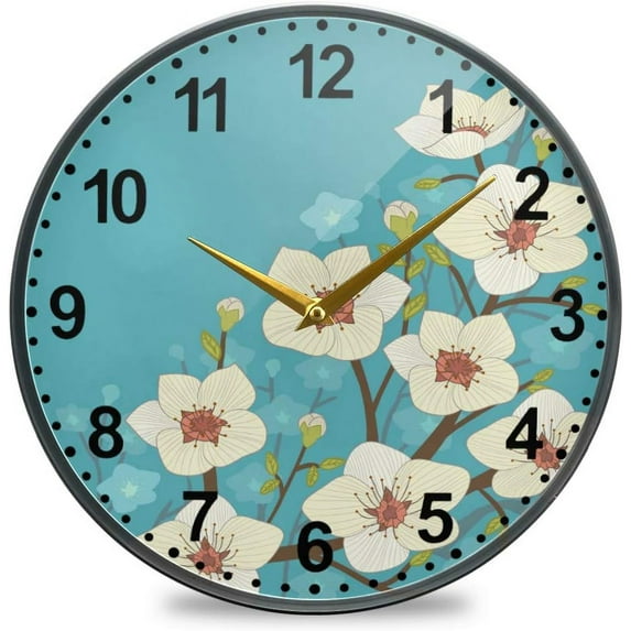 GZHJMY Blooming Tree Pattern Wall Clock Silent Non Ticking 9.5 Inch Round Easy to Read for Home Office School Clock