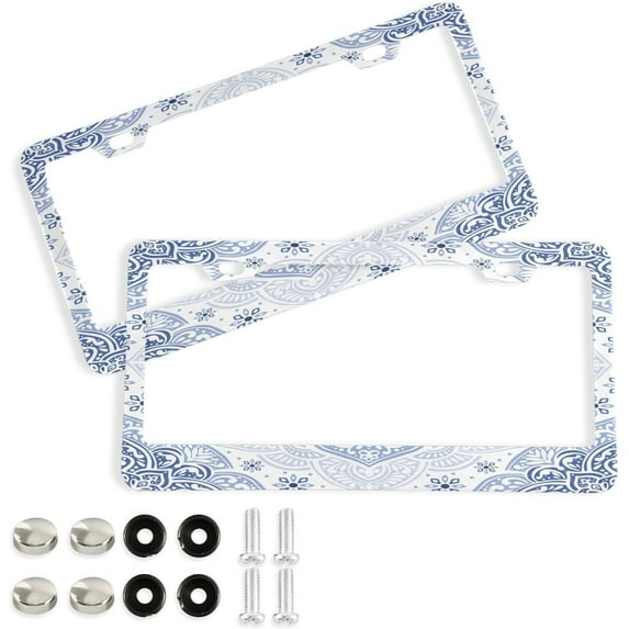 GZHJMY Blue Embroider License Plate Frames Set of 2, Universal Aluminum License Plate Holders 2 Holes Car Tag Frames Automotive Exterior Accessories with Screw Caps Decorative