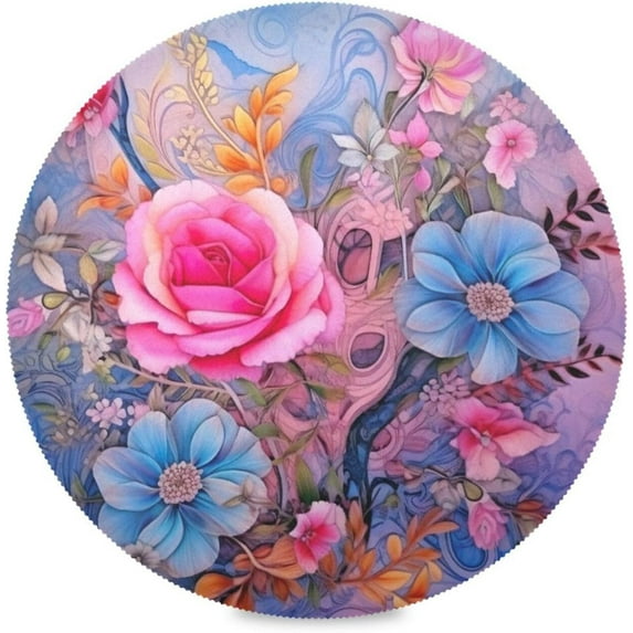 GZHJMY Blue and Pink Flower Round Placemats 15.4in, Washable Heat Resistant Table Mats for Dining Tables Kitchen Wedding Party Decoration Plate Mats Set of 1 Table Mat