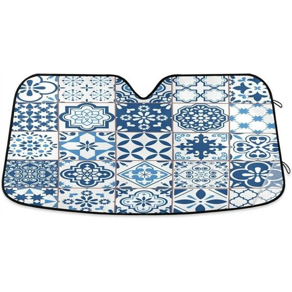 GZHJMY Blue Vintage Tiles Car Windshield Sunshade Front Auto Sun Shield Shade Visor Vehicle Accessories, 55" × 27.6"(103)