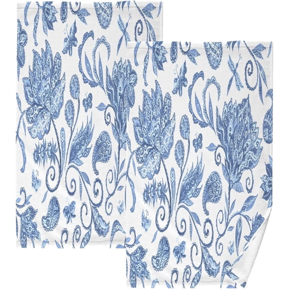 GZHJMY Blue White Floral Hand Towels Set of 2, Highly Absorbent Soft Washcloth Face Towels Bathroom Decorative Towel for Beach Gym Spa Shower, 16x28In