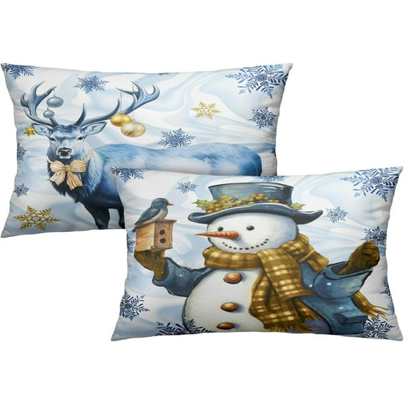 GZHJMY Blue Winter Christmas Pillow Covers 12x20 Set of 2 Snowman Reindeer Throw Pillow Covers Holiday Rustic Farmhouse Pillow Cases Linen Snowflake Cushion Case Decoration for Sofa Holiday Home Decor