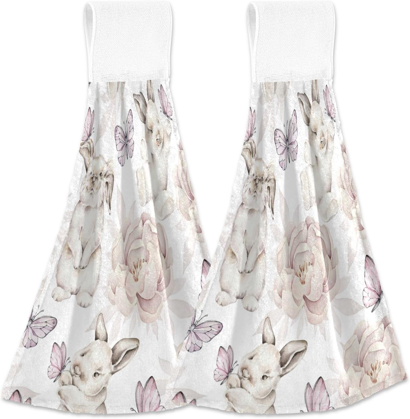GZHJMY Bunny Peony Hanging Tie Towels Set of 2, Soft Absorbent Kitchen ...