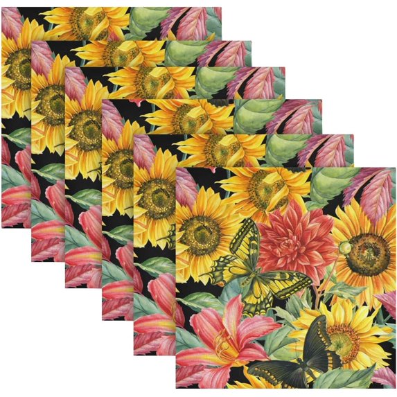 GZHJMY Butterflies Sunflower Pink Cloth Napkins Washable Reusable Polyester Dinner Napkins 20 x 20 Inch for Home Weddings Parties Holiday Table Napkins Set of 6