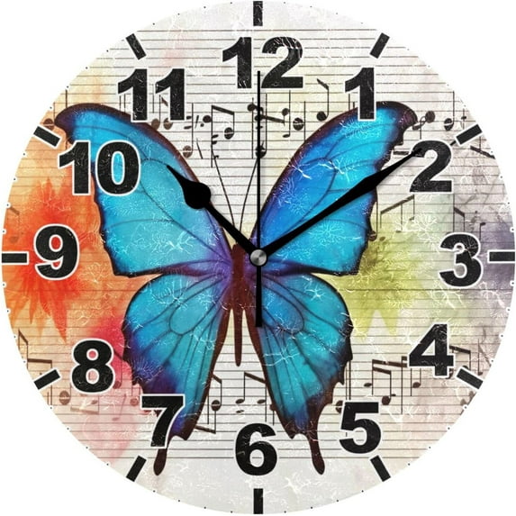 GZHJMY Butterfly Musical Round Wall Clock, Battery Operated Silent Non Ticking Desk Clock for Home Bedroom Kitchen Office School Decor Wall Clock 9.9 Inch