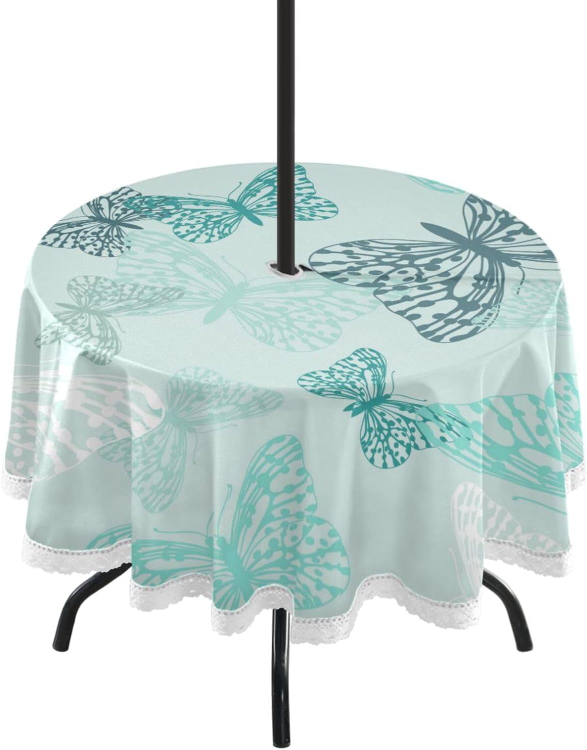 GZHJMY Butterfly Teal Outdoor Round Tablecloth with Umbrella Hole