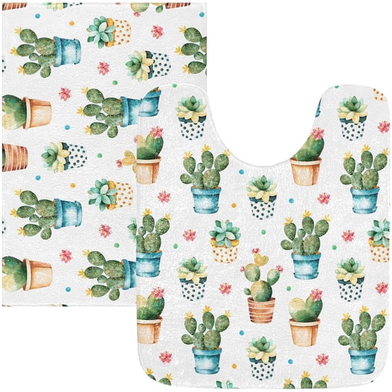 GZHJMY Cactus Cacti Succulent Polka Dot Bath Mat for Bathroom Shower U Shape Toilet Rugs Contour Carpet Set, Fluffy Absorbent & Machine Washable, 2 Piece Carpet Runner